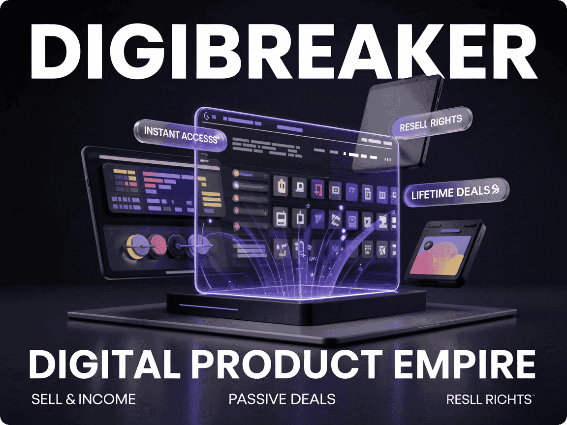 Create a high-quality, 3D-style promotional digital image for a brand called Digibreaker, showcasing a digital product business. The design should feature modern, minimal but tech-savvy aesthetics with vibrant accent colors (such as #E5322D) and a dark-themed background (#090A65). Include stylized digital elements like floating UI screens, device mockups (laptops, tablets), glowing icons for tools/apps, and labels like 'Instant Access', 'Lifetime Deals', and 'Resell Rights'. Use futuristic lighting and depth shadows for a realistic 3D look. Keep the overall height of the image compact (banner-style), suitable for website headers or ads. Emphasize themes like 'Digital Product Empire', 'Passive Income', and 'Sell & Earn Online